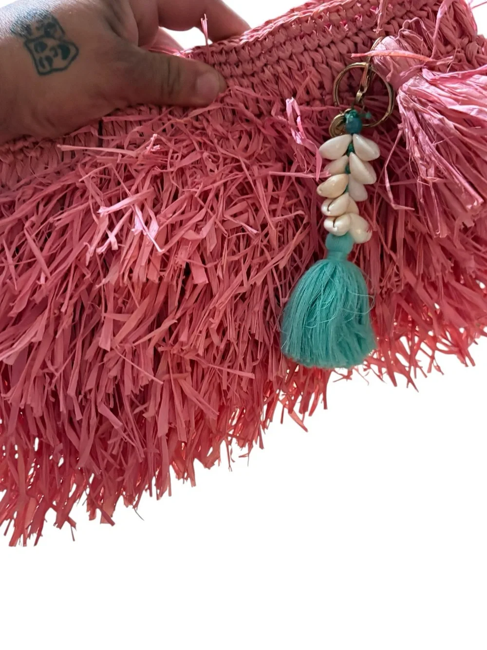 Pink Raffia Fringe Clutch with Tassel